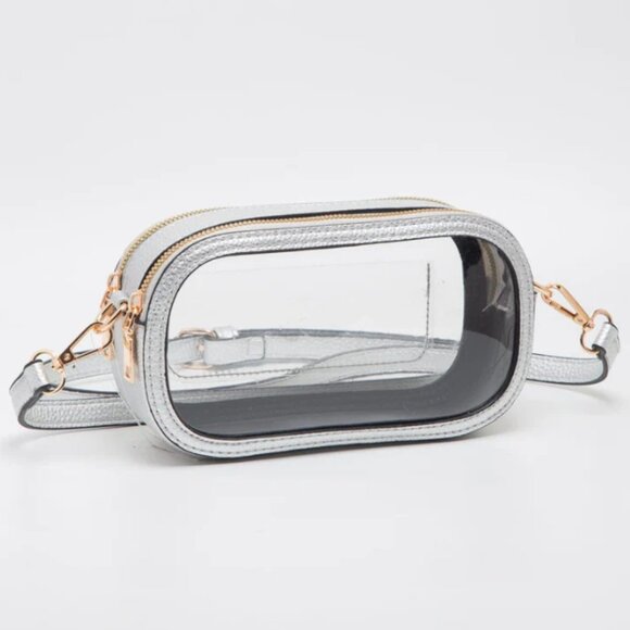 NWT Silver Clear Stadium Bag Oval Double-Zipper Game Day Purse Transparent PVC - Picture 1 of 2